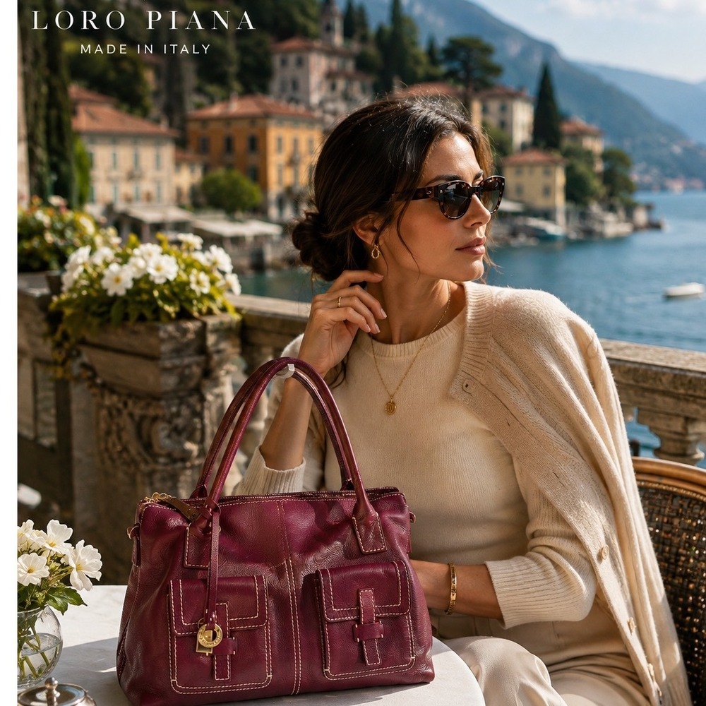Loro Piana Vintage Globe Multi Pocket Leather Shoulder Bag Satchel Burgundy Gold
